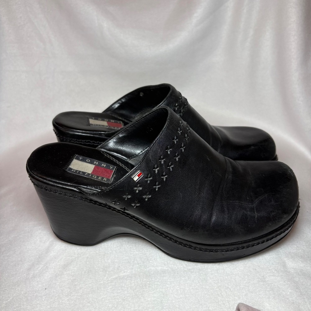 Vintage Tommy Hilfiger Black Leather Platform Clogs Mules Wedge 90s Y2K Women